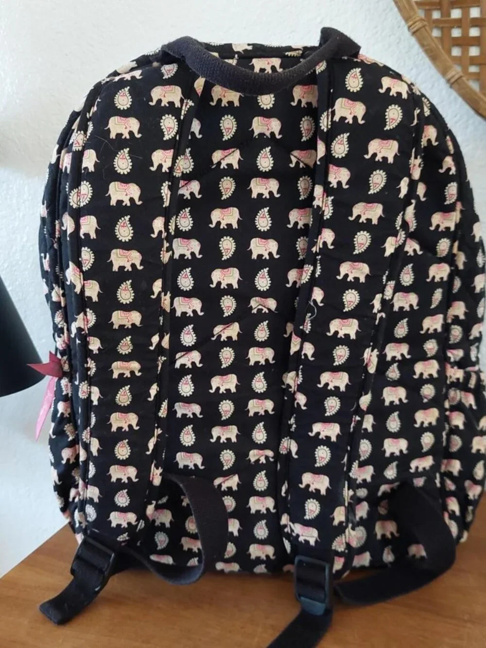 vera bradley backpack Pink & black backpack with white elephant and leaf pattern